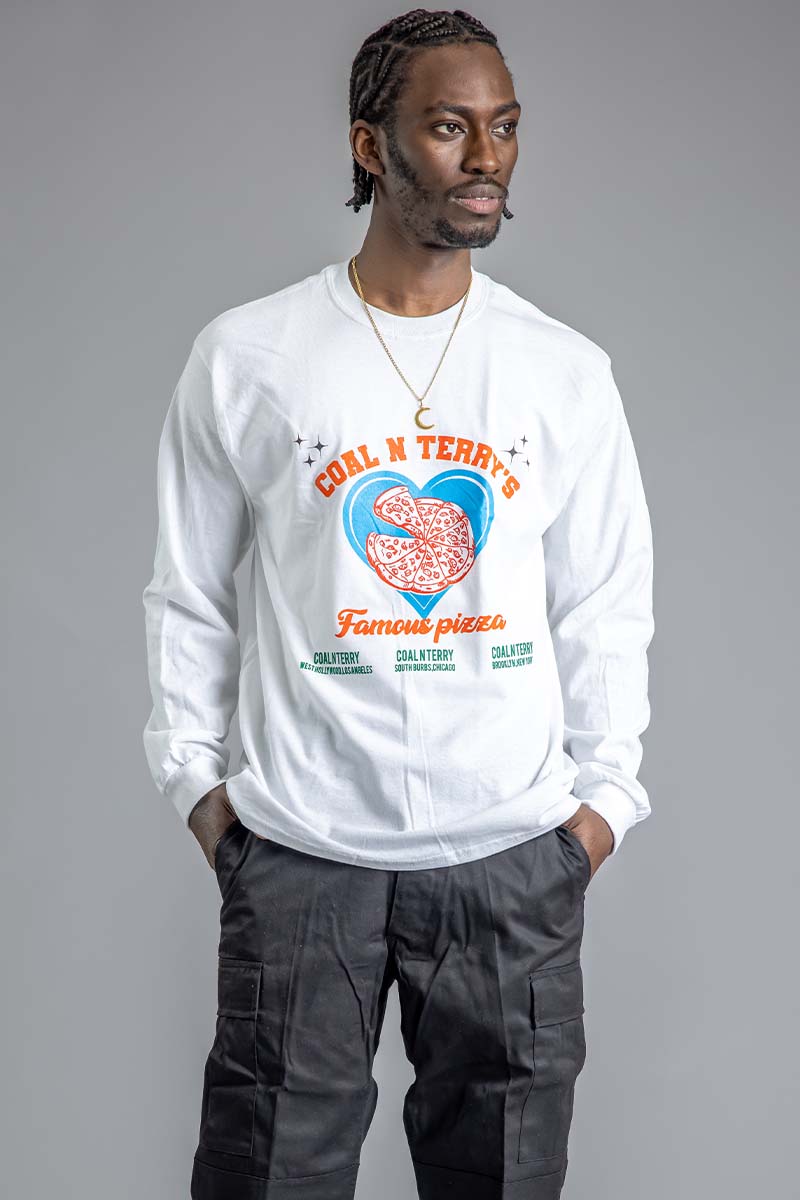 GUYS WHITE FAMOUS PIZZA LONG SLEEVE TEE